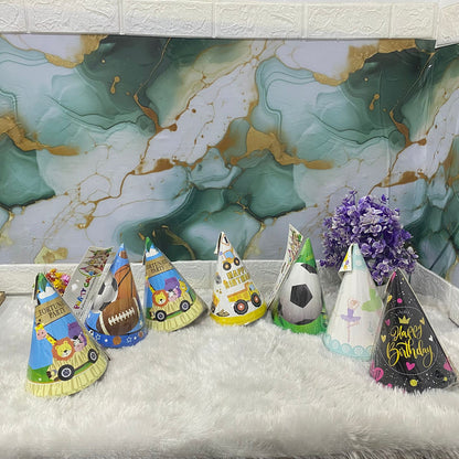 AM7686 Vibrant Multi Theme Birthday Party Cone Hats Pack of 6 for Kids Celebrations