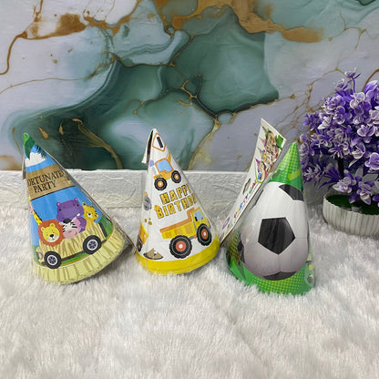 AM7686 Vibrant Multi Theme Birthday Party Cone Hats Pack of 6 for Kids Celebrations