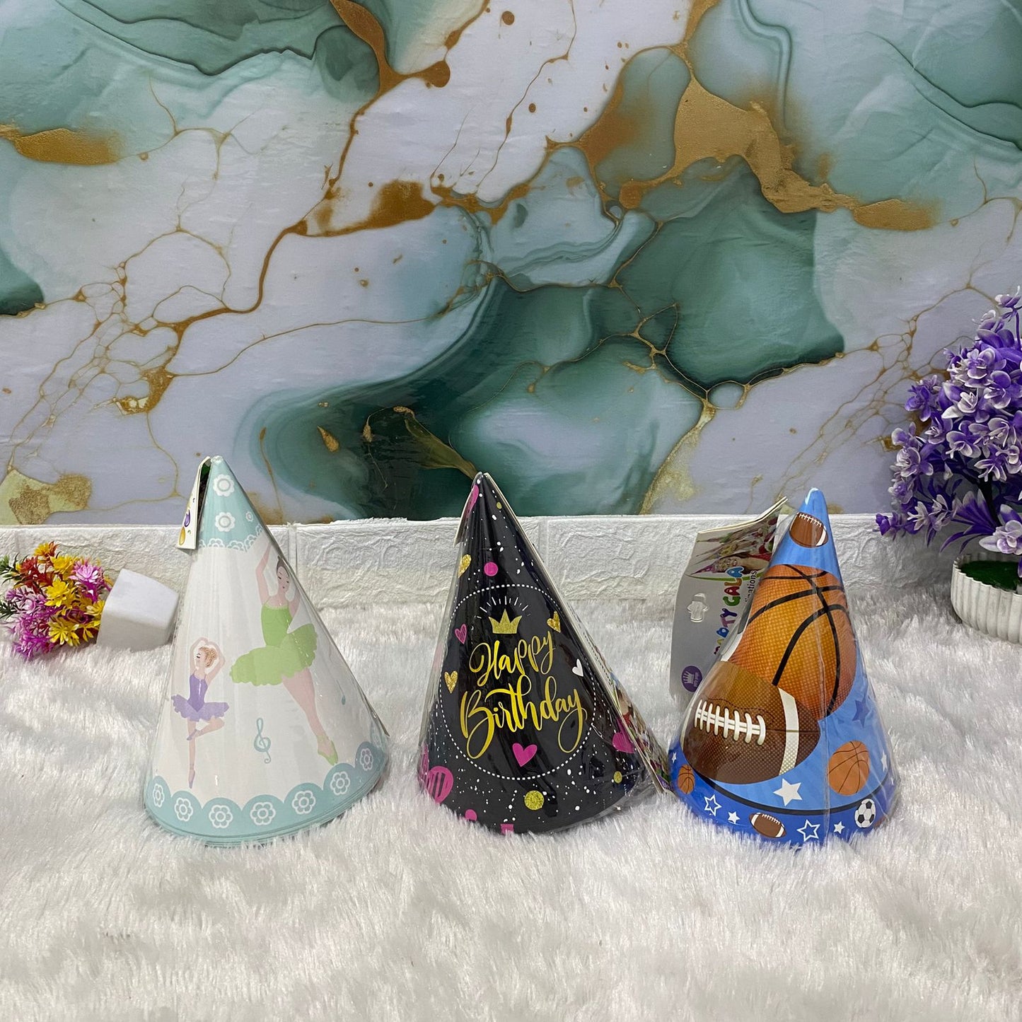 AM7686 Vibrant Multi Theme Birthday Party Cone Hats Pack of 6 for Kids Celebrations