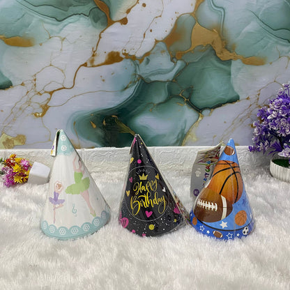 AM7686 Vibrant Multi Theme Birthday Party Cone Hats Pack of 6 for Kids Celebrations