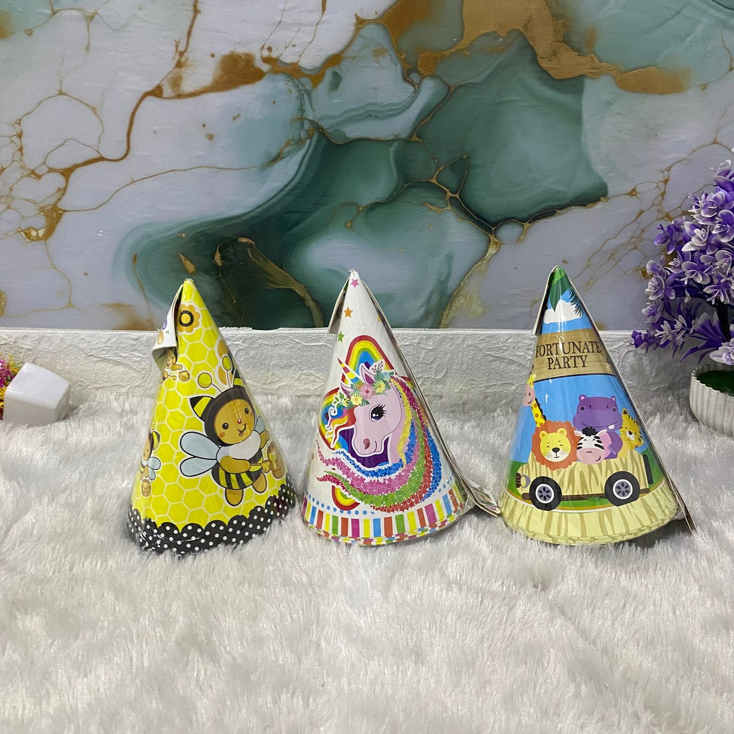 AM7686 Vibrant Multi Theme Birthday Party Cone Hats Pack of 6 for Kids Celebrations