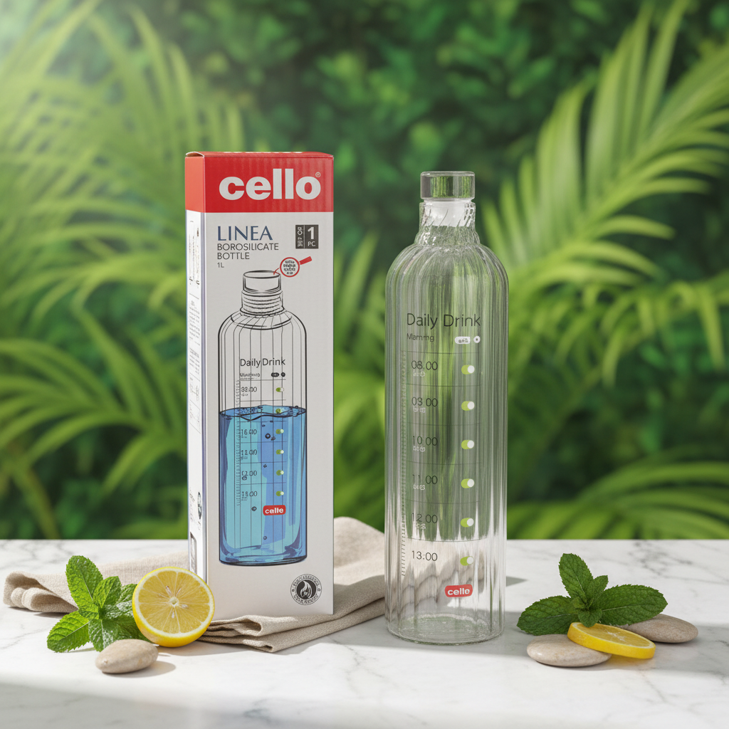 AM7689 Cello Linea 1 Litre Borosilicate Glass Water Bottle with Hourly Motivational Time Markers
