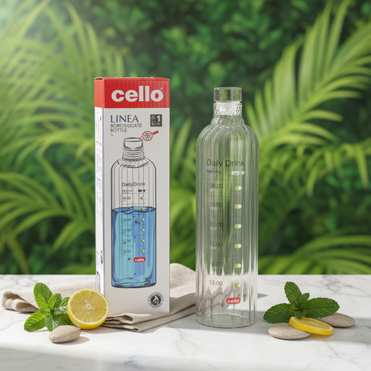AM7689 Cello Linea 1 Litre Borosilicate Glass Water Bottle with Hourly Motivational Time Markers