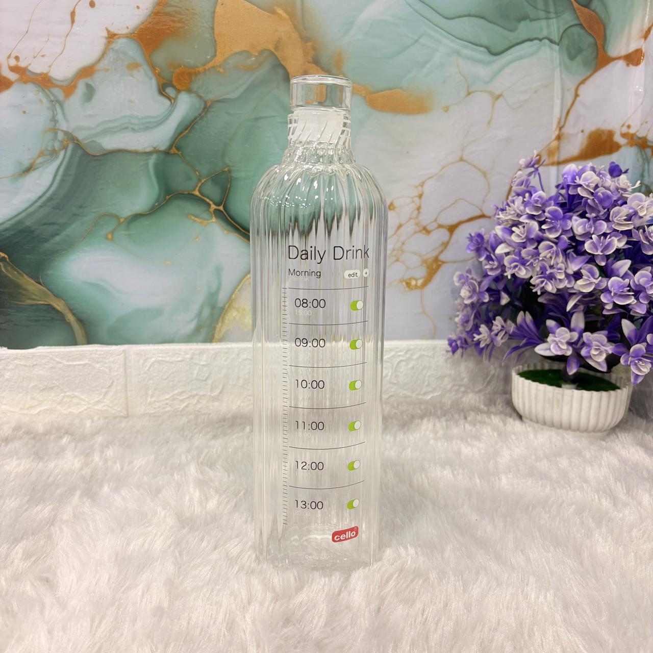 AM7689 Cello Linea 1 Litre Borosilicate Glass Water Bottle with Hourly Motivational Time Markers