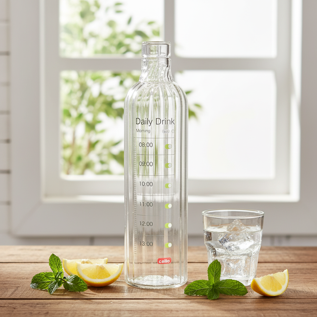 AM7689 Cello Linea 1 Litre Borosilicate Glass Water Bottle with Hourly Motivational Time Markers