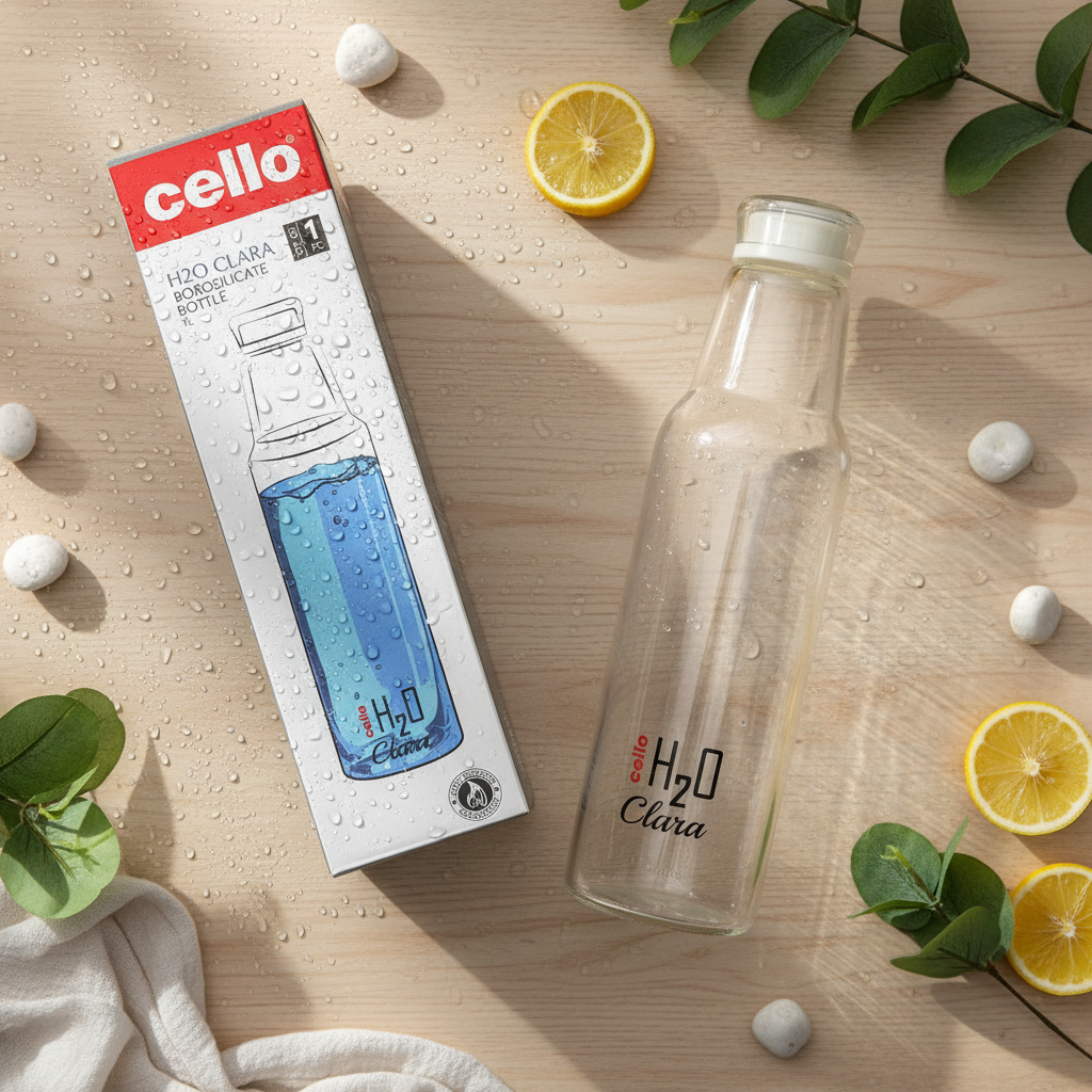 AM7690 Cello H2O Clara 1 Litre Premium Borosilicate Glass Water Bottle with Leakproof Lid