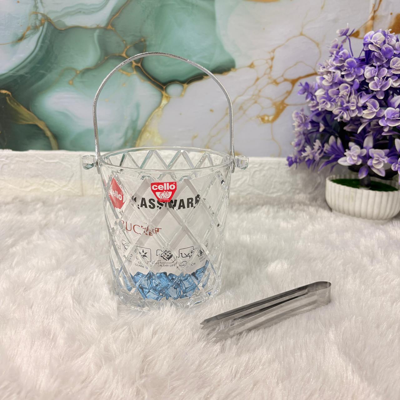 AM7691 Cello Glassware 950ml Premium Crystal Cut Glass Ice Bucket with Stainless Steel Tongs