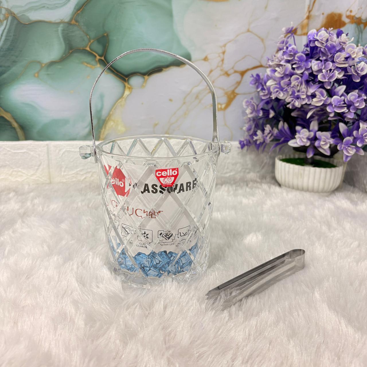 AM7691 Cello Glassware 950ml Premium Crystal Cut Glass Ice Bucket with Stainless Steel Tongs
