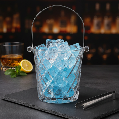 AM7691 Cello Glassware 950ml Premium Crystal Cut Glass Ice Bucket with Stainless Steel Tongs