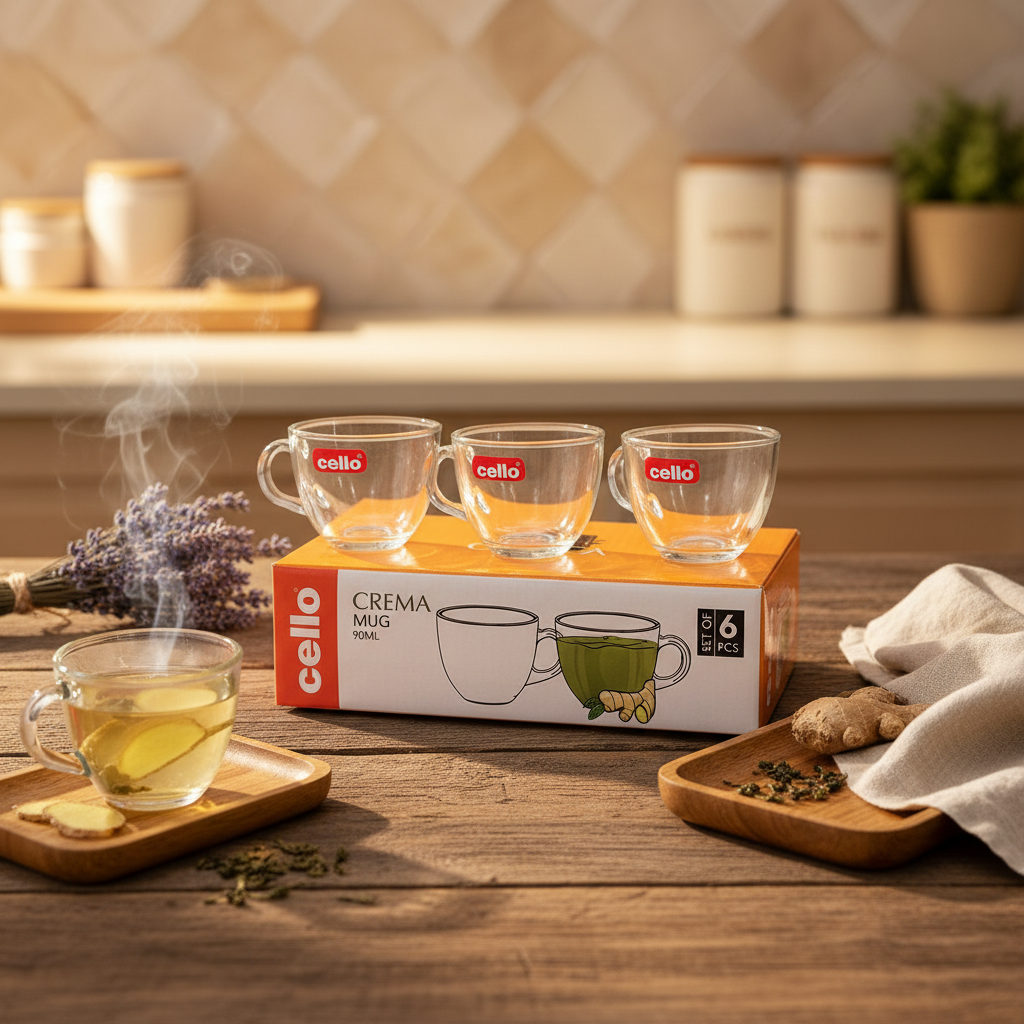 AM7692 Cello Crema 90ml Premium Glass Mug Set of 6 for Tea and Espresso
