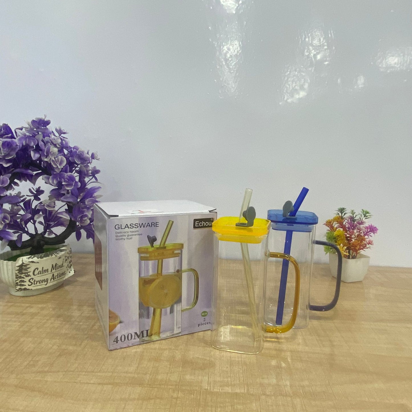 AM7704 400ml Borosilicate Glass Tumbler with Handle, Lid, and Straw (2-Piece Set)