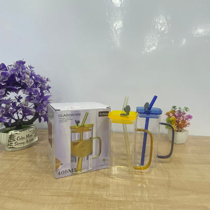AM7704 400ml Borosilicate Glass Tumbler with Handle, Lid, and Straw (2-Piece Set)