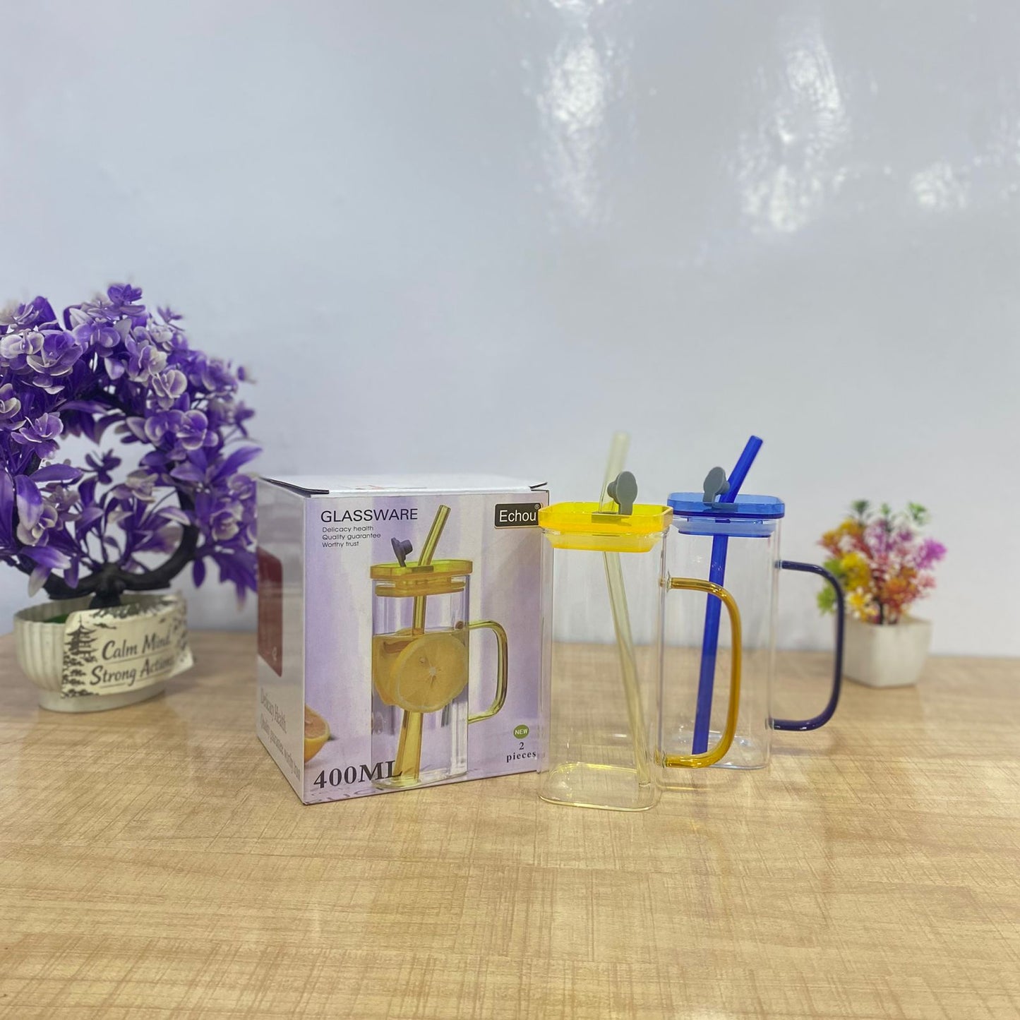 AM7704 400ml Borosilicate Glass Tumbler with Handle, Lid, and Straw (2-Piece Set)