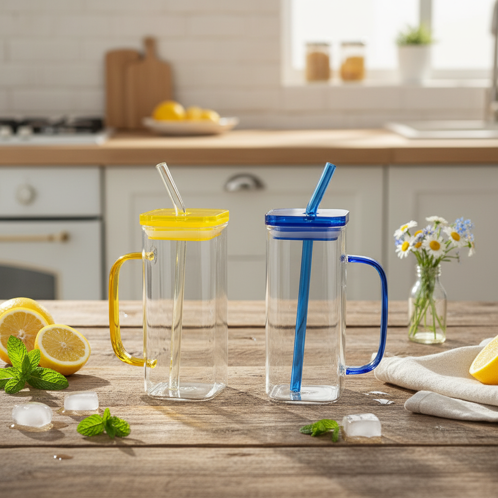 AM7704 400ml Borosilicate Glass Tumbler with Handle, Lid, and Straw (2-Piece Set)