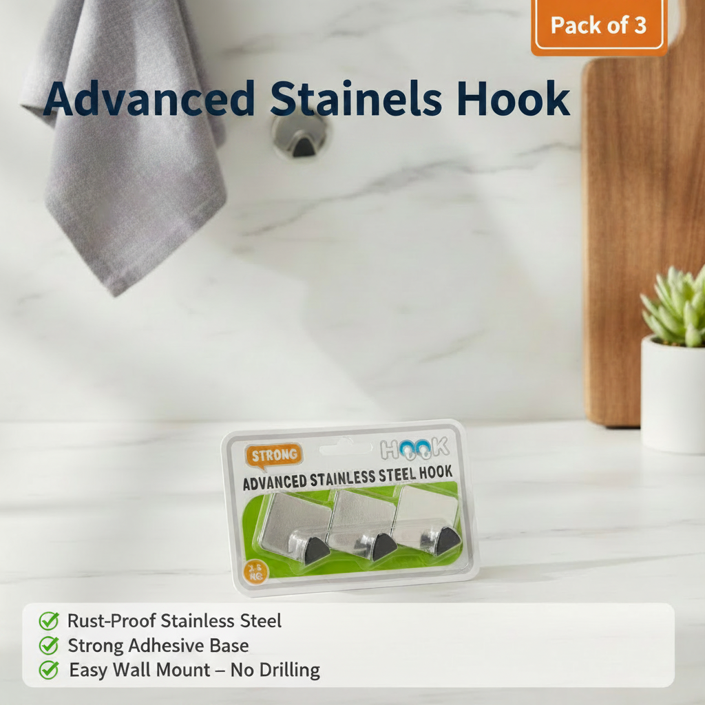 AM7715 HEAVY DUTY ADHESIVE STAINLESS STEEL HOOKS FOR WALL MOUNTING STORAGE AND HOME ORGANIZATION
