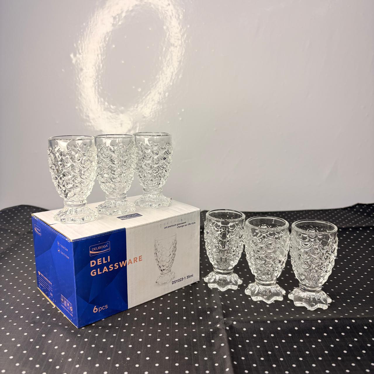 AM7748 Delisoga Premium Crystal Clear 35ml Shot Glasses - Textured Fish Scale Pattern, Set of 6
