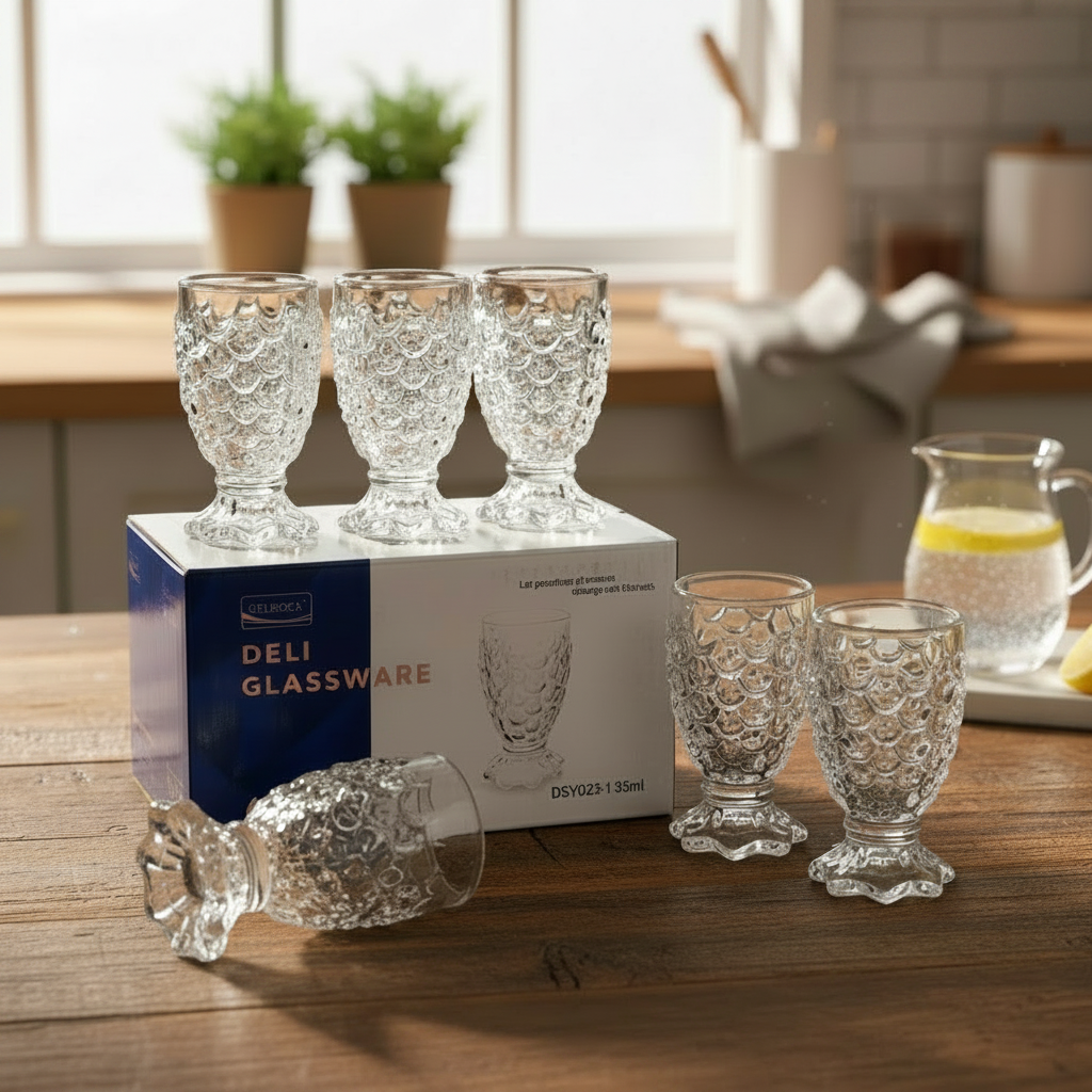 AM7748 Delisoga Premium Crystal Clear 35ml Shot Glasses - Textured Fish Scale Pattern, Set of 6