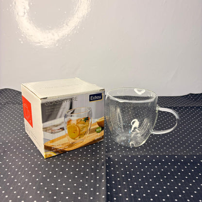 AM7750 250ml Double-Walled Insulated Glass Coffee Mug with Handle (1-Piece)