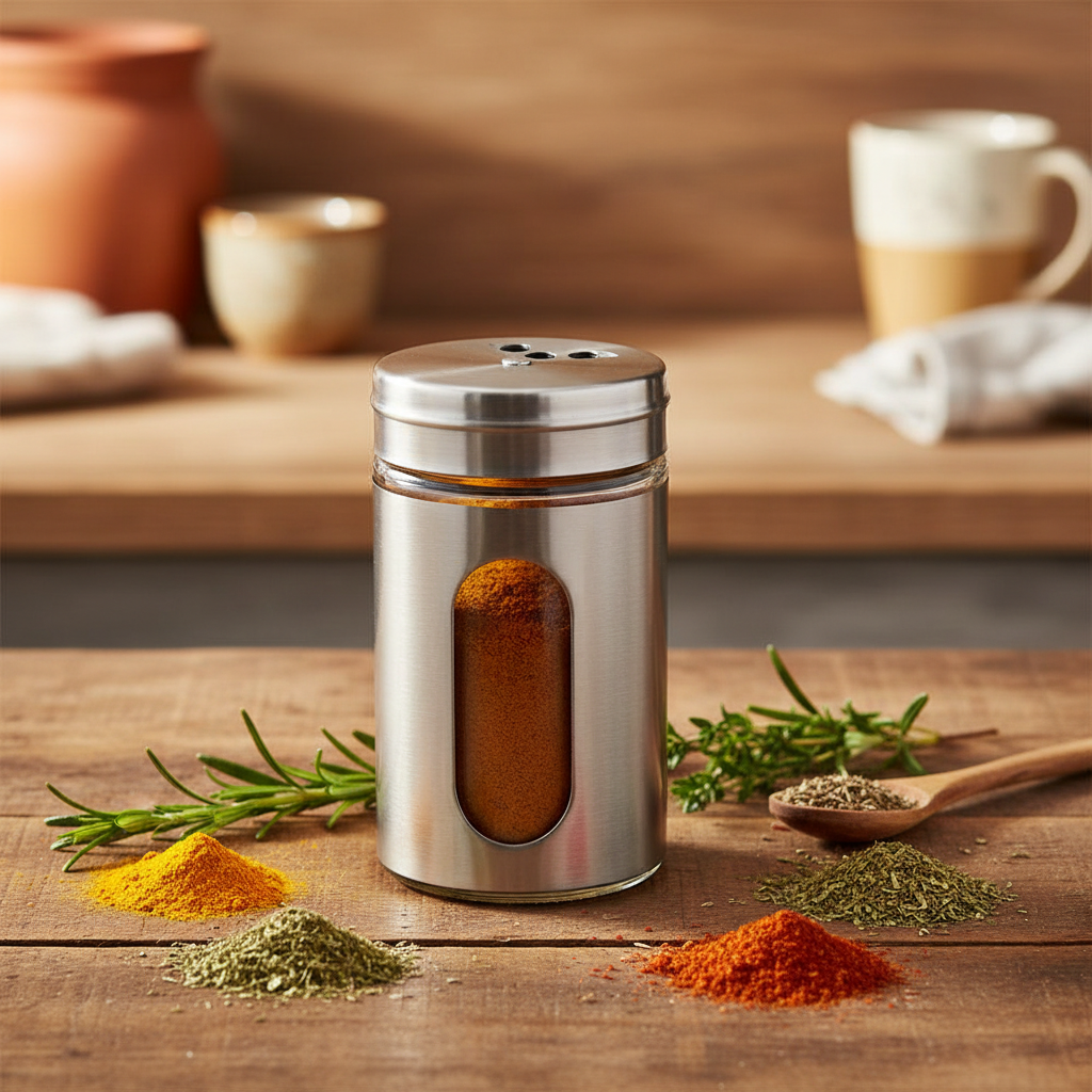 AM7753 Stainless Steel Glass Window Seasoning Dispenser for Modern Kitchen Spice Organization