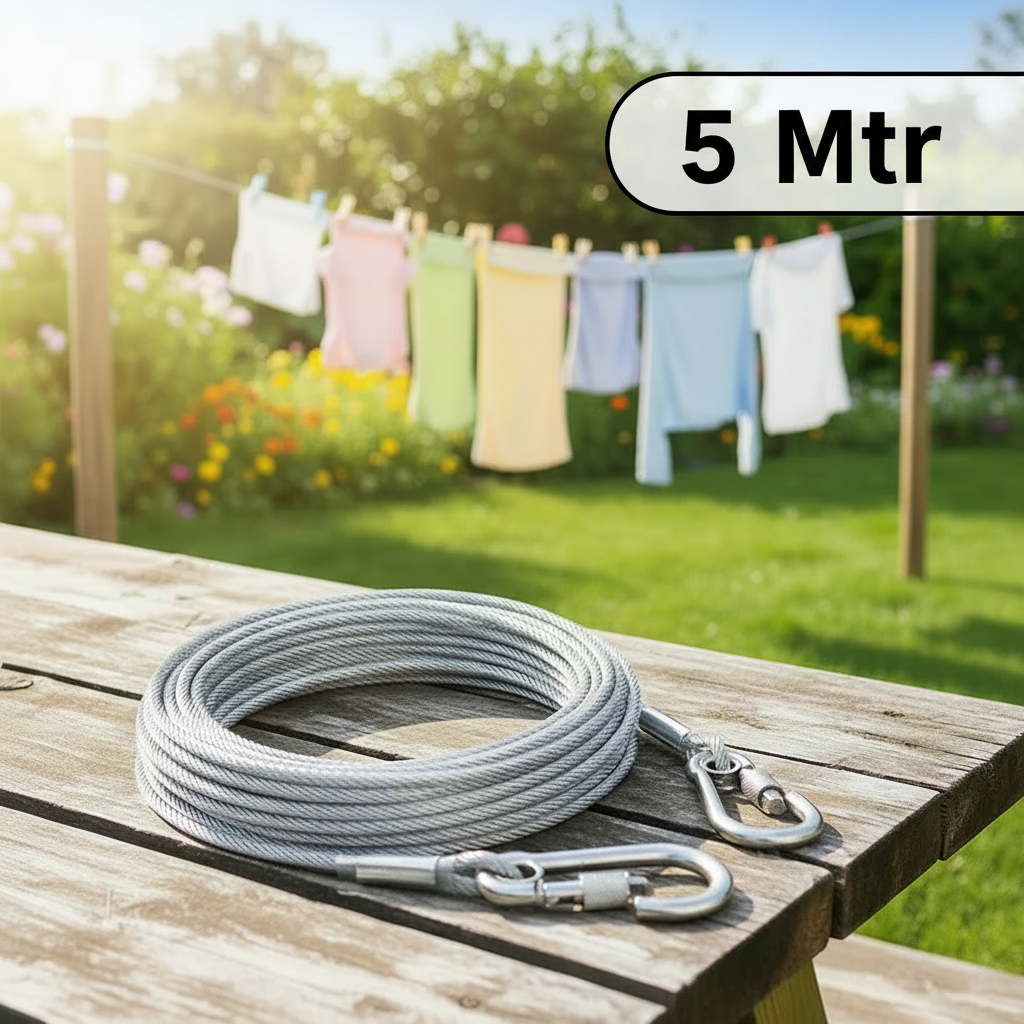 AM7755 durable stainless steel clothesline with hooks for heavy duty drying - 5Mtr