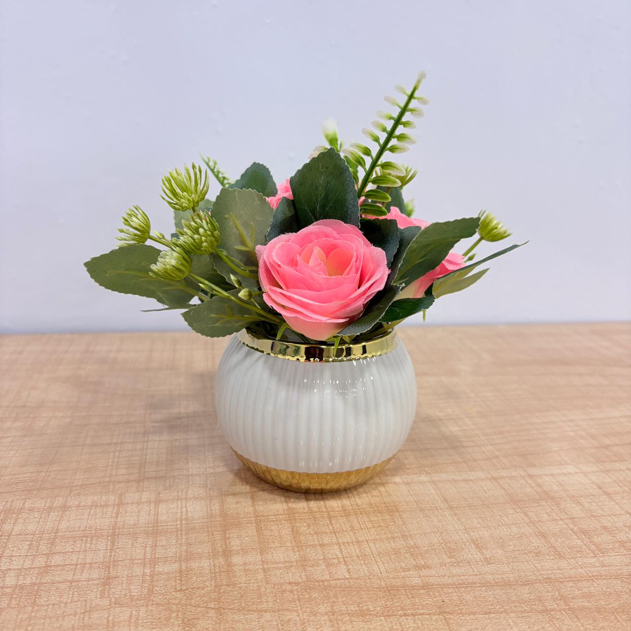AM7770 Mini Artificial Rose Pot Set – Assorted Colors with Ceramic Vases (Pack Of 1)