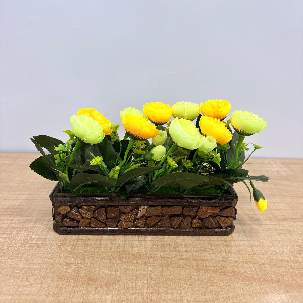 AM7773 Artificial Carnation & Rose Mini Flower Arrangements in Rustic Mosaic Wooden Planters (Set of 1)