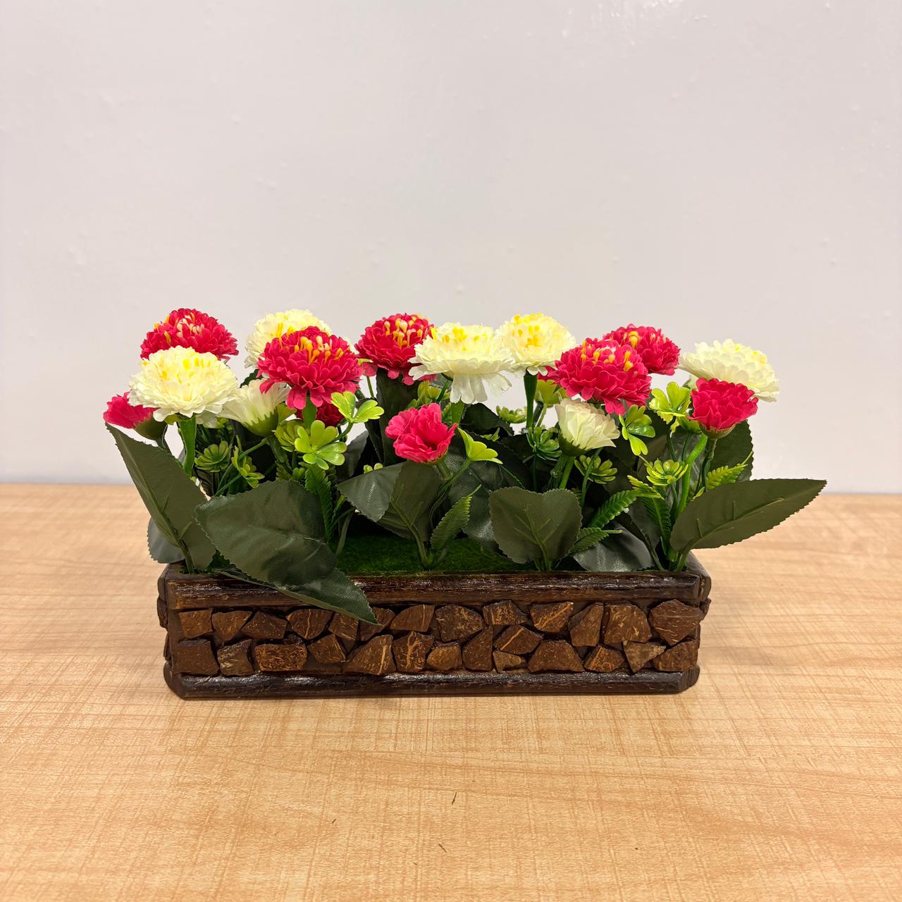 AM7773 Artificial Carnation & Rose Mini Flower Arrangements in Rustic Mosaic Wooden Planters (Set of 1)