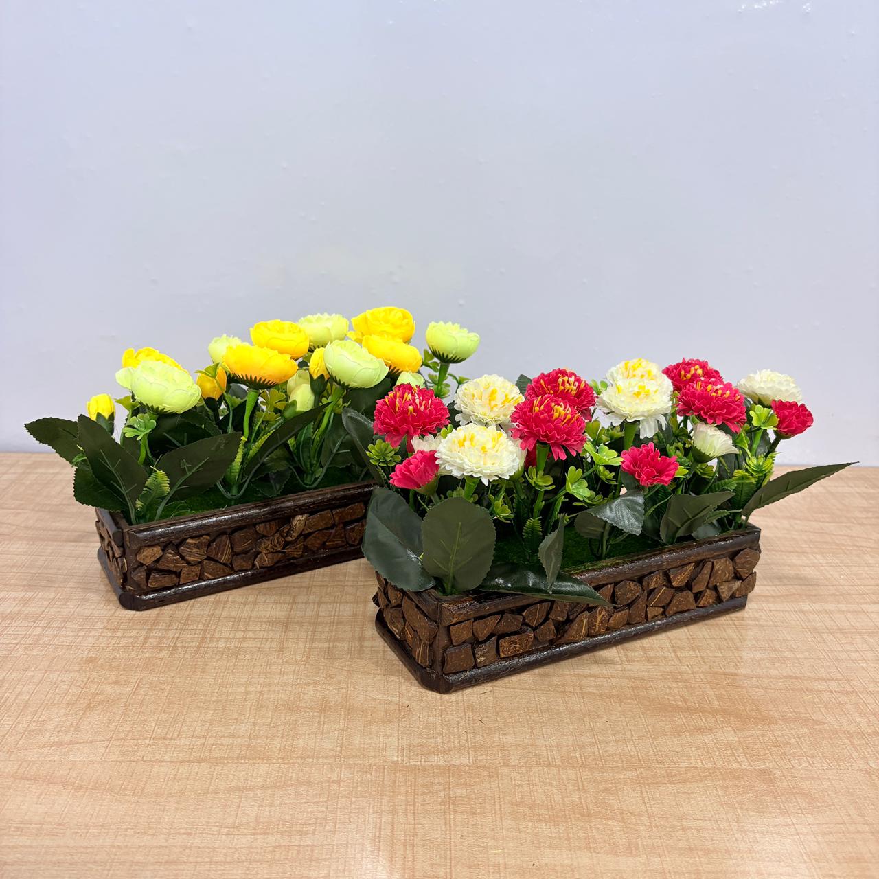 AM7773 Artificial Carnation & Rose Mini Flower Arrangements in Rustic Mosaic Wooden Planters (Set of 1)
