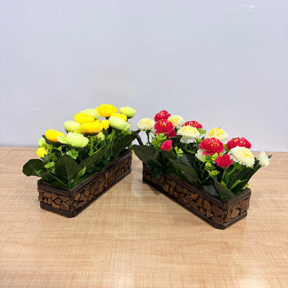 AM7773 Artificial Carnation & Rose Mini Flower Arrangements in Rustic Mosaic Wooden Planters (Set of 1)