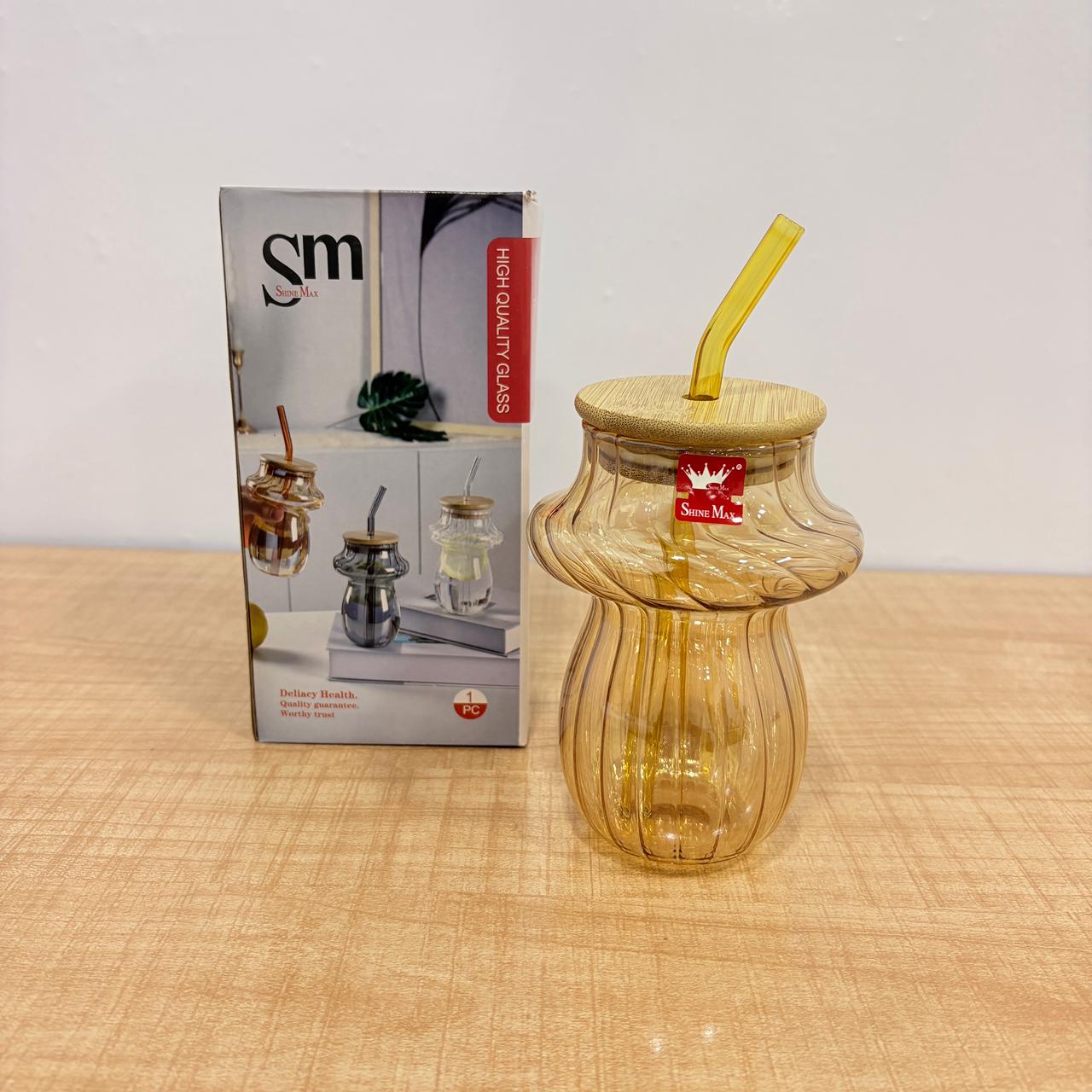 AM7781 AMBER RIDGED GLASS TUMBLER WITH NATURAL BAMBOO LID AND REUSABLE MATCHING GLASS STRAW