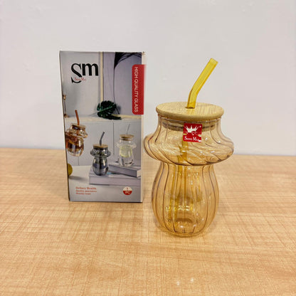 AM7781 AMBER RIDGED GLASS TUMBLER WITH NATURAL BAMBOO LID AND REUSABLE MATCHING GLASS STRAW