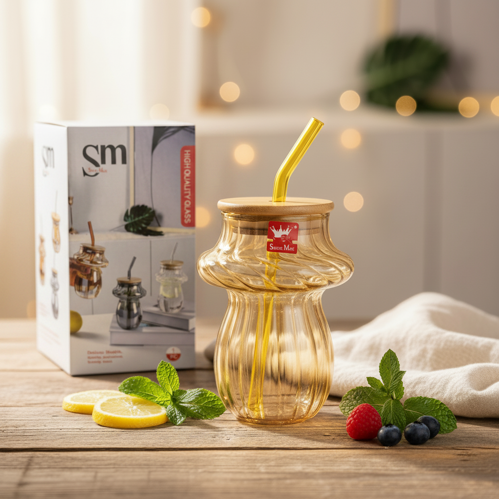 AM7781 AMBER RIDGED GLASS TUMBLER WITH NATURAL BAMBOO LID AND REUSABLE MATCHING GLASS STRAW