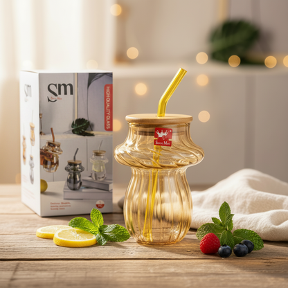 AM7781 AMBER RIDGED GLASS TUMBLER WITH NATURAL BAMBOO LID AND REUSABLE MATCHING GLASS STRAW