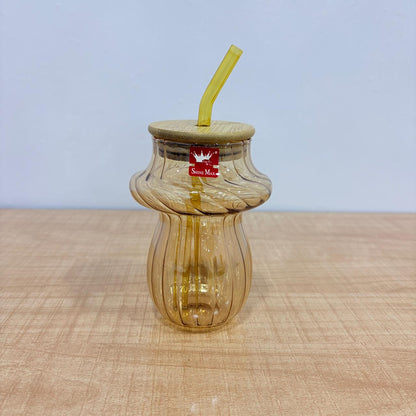 AM7781 AMBER RIDGED GLASS TUMBLER WITH NATURAL BAMBOO LID AND REUSABLE MATCHING GLASS STRAW