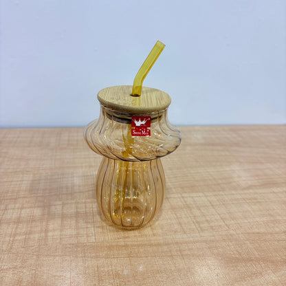 AM7781 AMBER RIDGED GLASS TUMBLER WITH NATURAL BAMBOO LID AND REUSABLE MATCHING GLASS STRAW