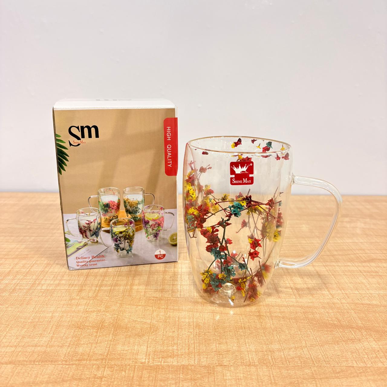 AM7788 SHINE MAX DOUBLE WALL GLASS MUG WITH DECORATIVE DRIED FLOWERS INSIDE FOR DRINKS