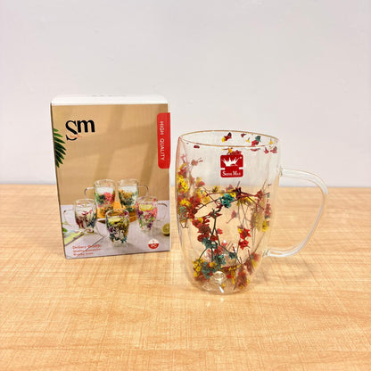 AM7788 SHINE MAX DOUBLE WALL GLASS MUG WITH DECORATIVE DRIED FLOWERS INSIDE FOR DRINKS