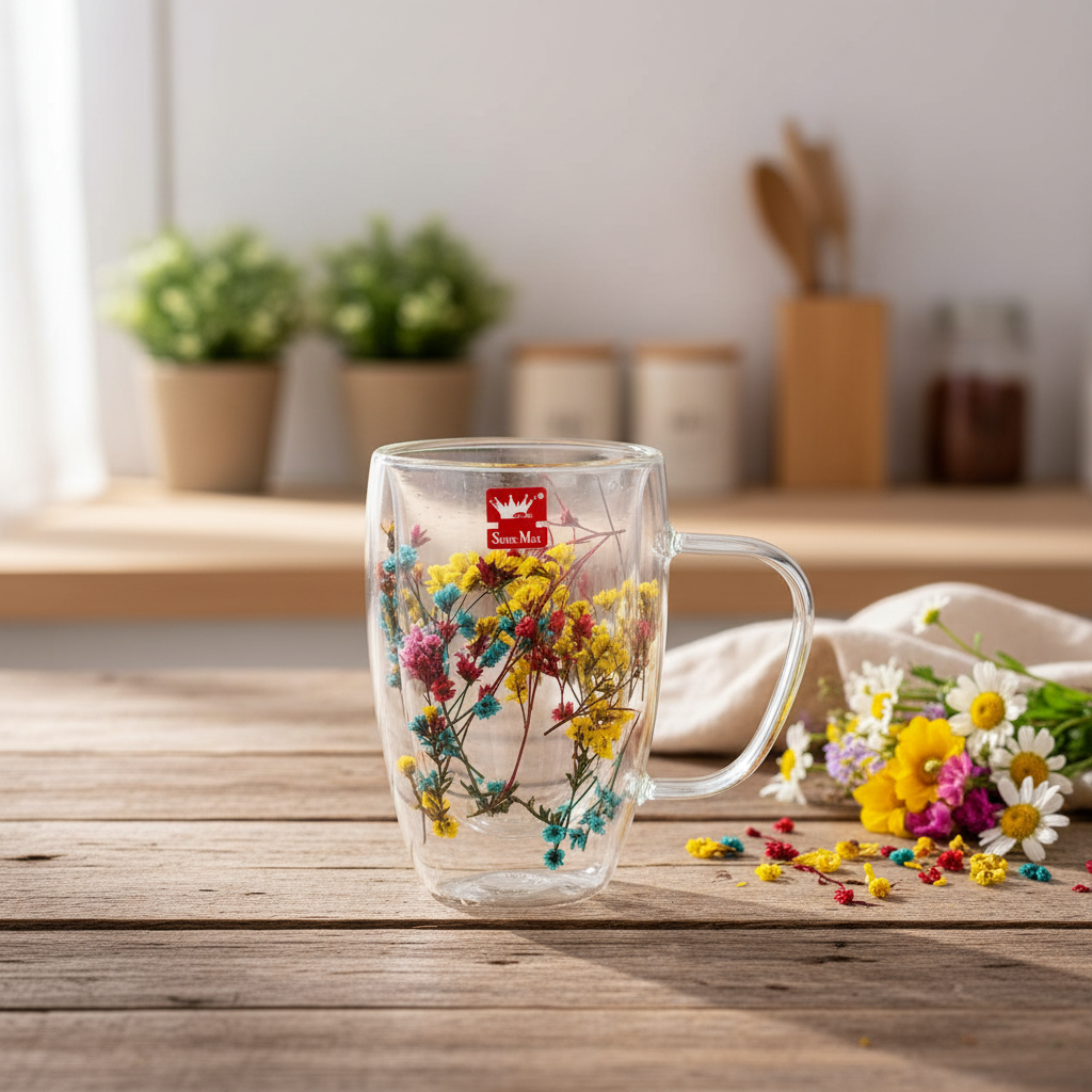 AM7788 SHINE MAX DOUBLE WALL GLASS MUG WITH DECORATIVE DRIED FLOWERS INSIDE FOR DRINKS