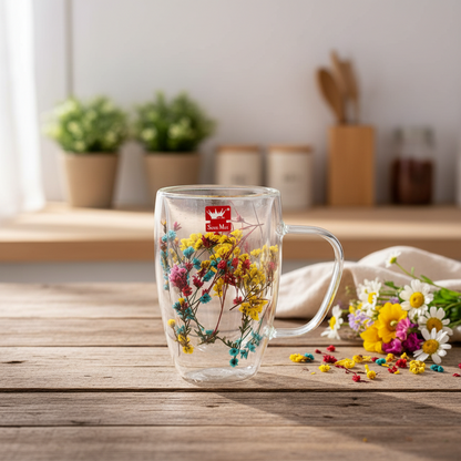 AM7788 SHINE MAX DOUBLE WALL GLASS MUG WITH DECORATIVE DRIED FLOWERS INSIDE FOR DRINKS