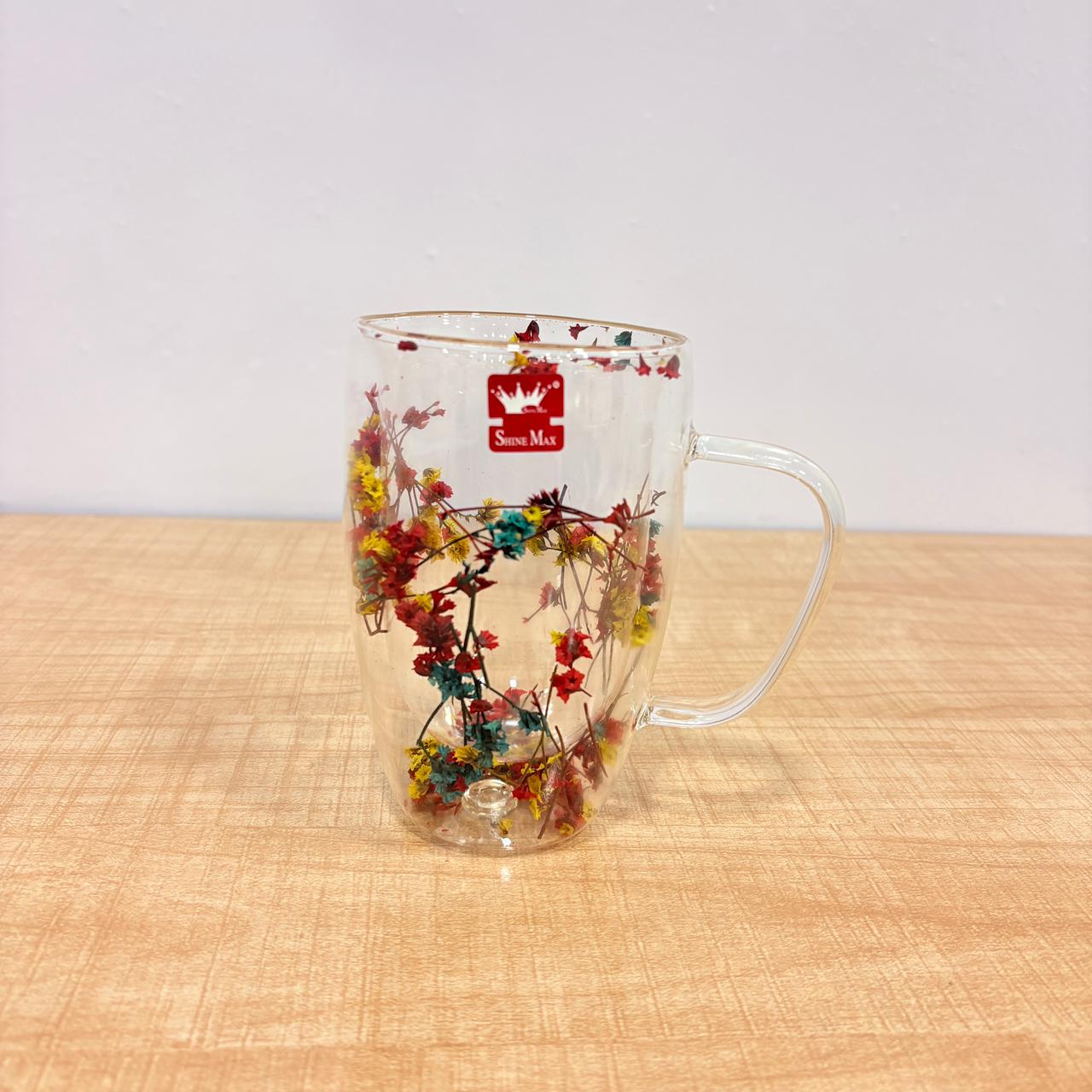 AM7788 SHINE MAX DOUBLE WALL GLASS MUG WITH DECORATIVE DRIED FLOWERS INSIDE FOR DRINKS