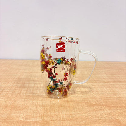 AM7788 SHINE MAX DOUBLE WALL GLASS MUG WITH DECORATIVE DRIED FLOWERS INSIDE FOR DRINKS