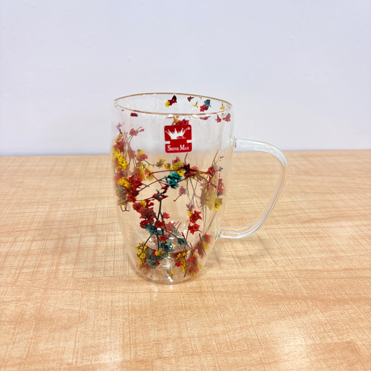 AM7788 SHINE MAX DOUBLE WALL GLASS MUG WITH DECORATIVE DRIED FLOWERS INSIDE FOR DRINKS
