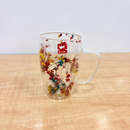 AM7788 SHINE MAX DOUBLE WALL GLASS MUG WITH DECORATIVE DRIED FLOWERS INSIDE FOR DRINKS