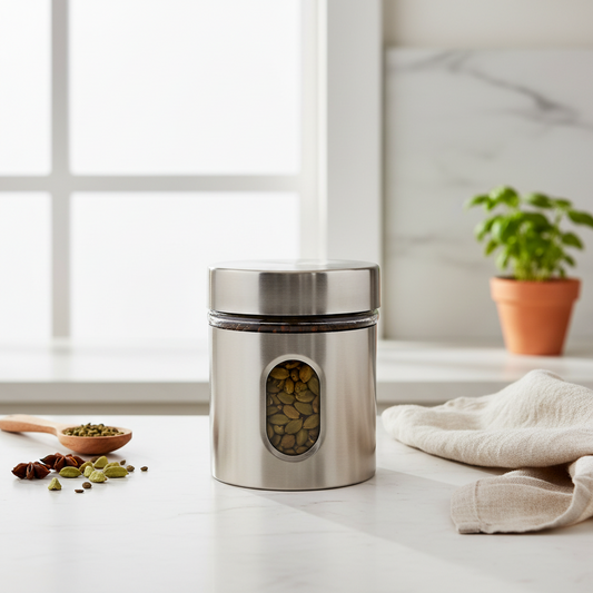 AM7789 TAG STAINLESS STEEL STORAGE JAR WITH GLASS WINDOW FOR ORGANIZED KITCHEN PANTRY STORAGE