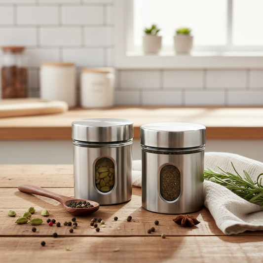 AM7790 TAG STAINLESS STEEL STORAGE JAR SET WITH GLASS WINDOWS FOR MODERN KITCHEN ORGANIZATION