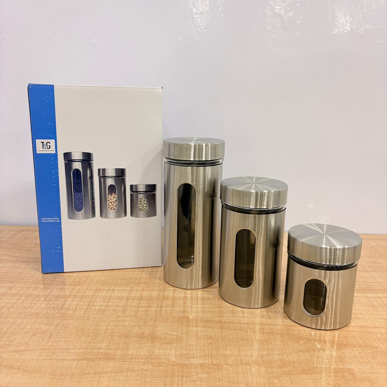 AM7791 TAG STAINLESS STEEL STORAGE JAR SET OF 3 WITH GLASS VIEWING WINDOWS FOR KITCHEN
