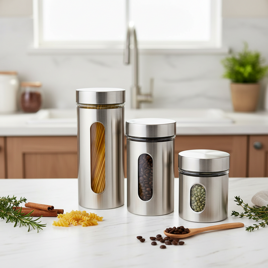 AM7791 TAG STAINLESS STEEL STORAGE JAR SET OF 3 WITH GLASS VIEWING WINDOWS FOR KITCHEN