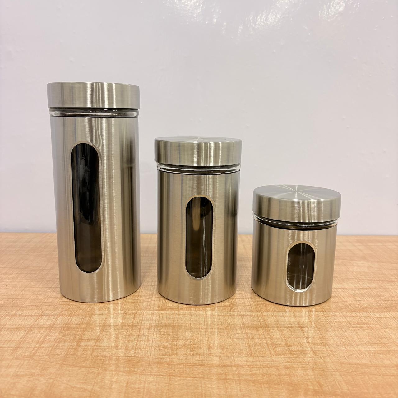 AM7791 TAG STAINLESS STEEL STORAGE JAR SET OF 3 WITH GLASS VIEWING WINDOWS FOR KITCHEN