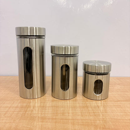 AM7791 TAG STAINLESS STEEL STORAGE JAR SET OF 3 WITH GLASS VIEWING WINDOWS FOR KITCHEN