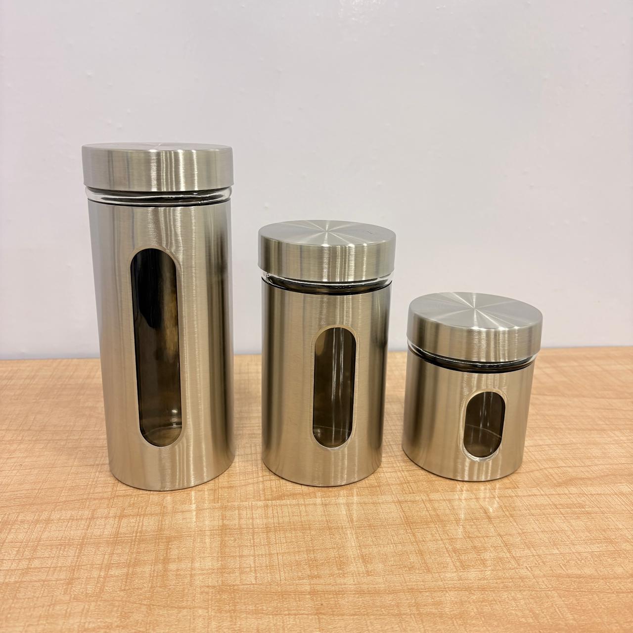 AM7791 TAG STAINLESS STEEL STORAGE JAR SET OF 3 WITH GLASS VIEWING WINDOWS FOR KITCHEN